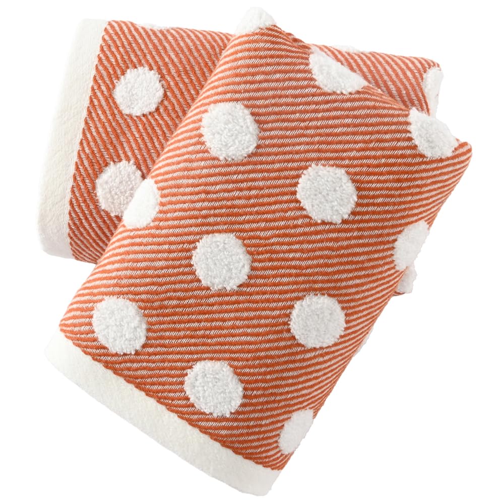 sense gnosis Orange Hand Towel Set of 2 Super Soft 100% Cotton Absorbent Jacquard Striped Pattren Lint Free White Terry Polka Dot Bath Hand Towels