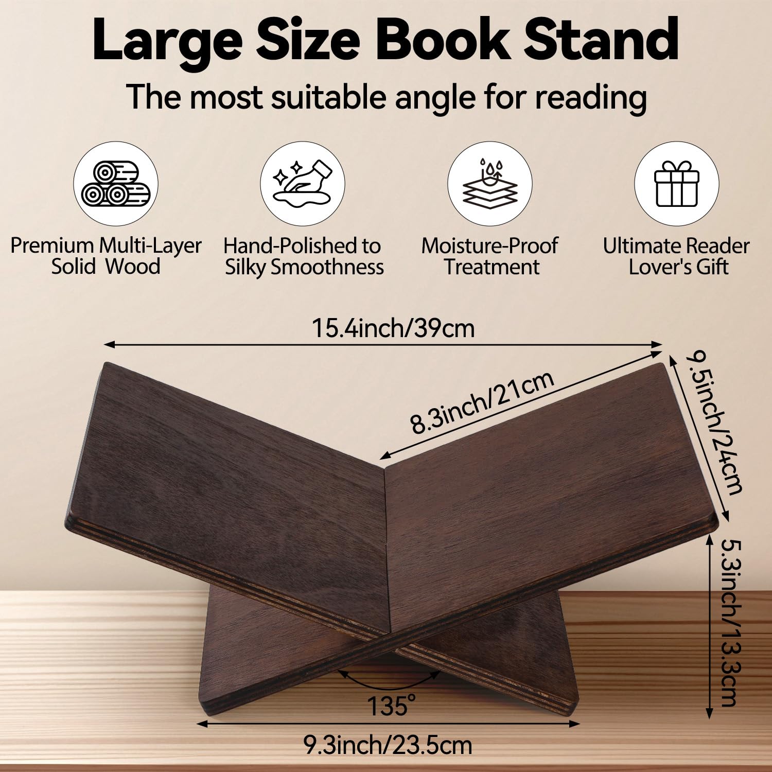 Wooden Large Book Stand for Desktop Display & Reading – Extra Large Cross Frame Open Book Holder, Sleek Finish