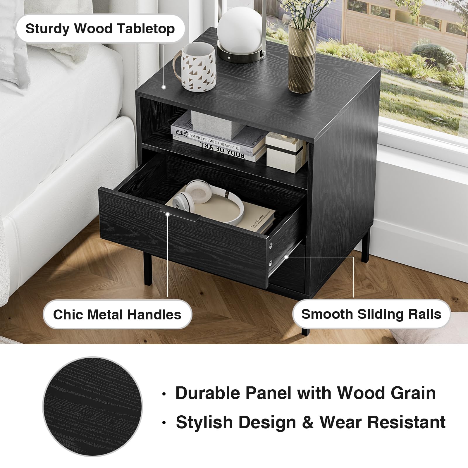 Skokliz Bedside Table with 2 Drawers and Open Shelf - Black Wood Nightstand for Bedroom 50x40x60 cm, Modern Side Table for Living Room & Small Spaces