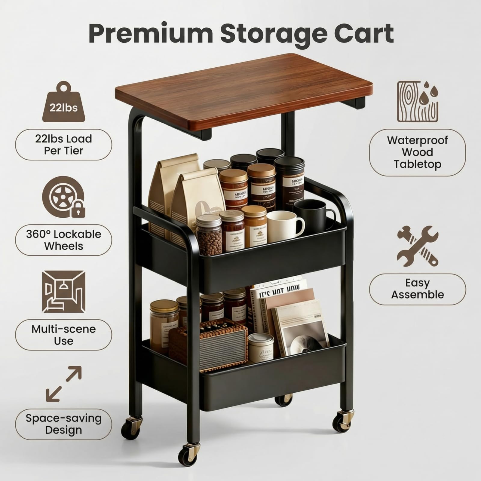 3 Tier Metal Rolling Utility Cart Organizer with Walnut Table Top, Stable and Sturdy Rolling Storage Carts with 2 Lockable Wheels for Kitchen