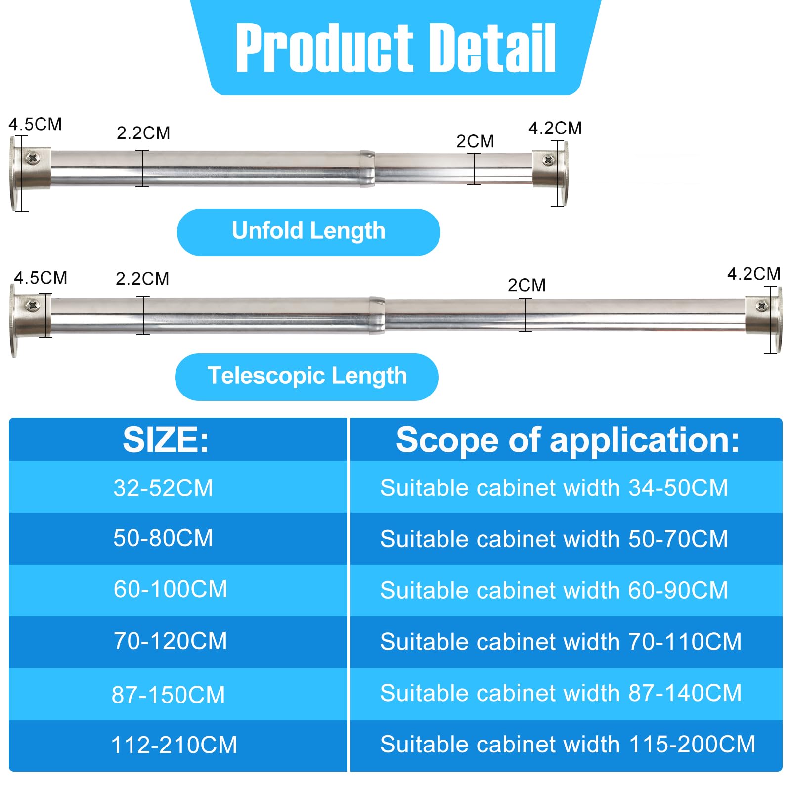 Wardlock 112-210cm Extendable Stainless Steel Wardrobe Rail, Adjustable Clothes Rail Pole With U Shaped End Sockets.