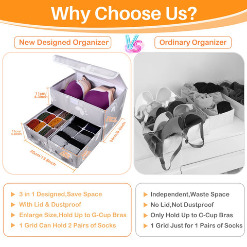EASEVE 2 Pack Sock Underwear Drawer Organiser with Lid - Wardrobe Clothes Storage Boxes with Dividers, Foldable Fabric Closet Organizer for Bra, Sock