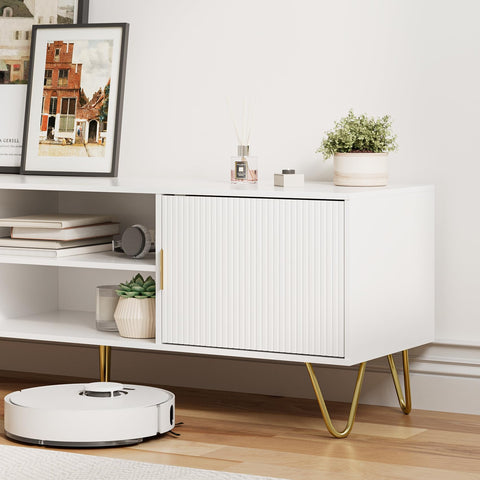 HEYZOEY White Fluted TV Stand, 2 Cabinets, Gold Legs, for TVs up to 65 in