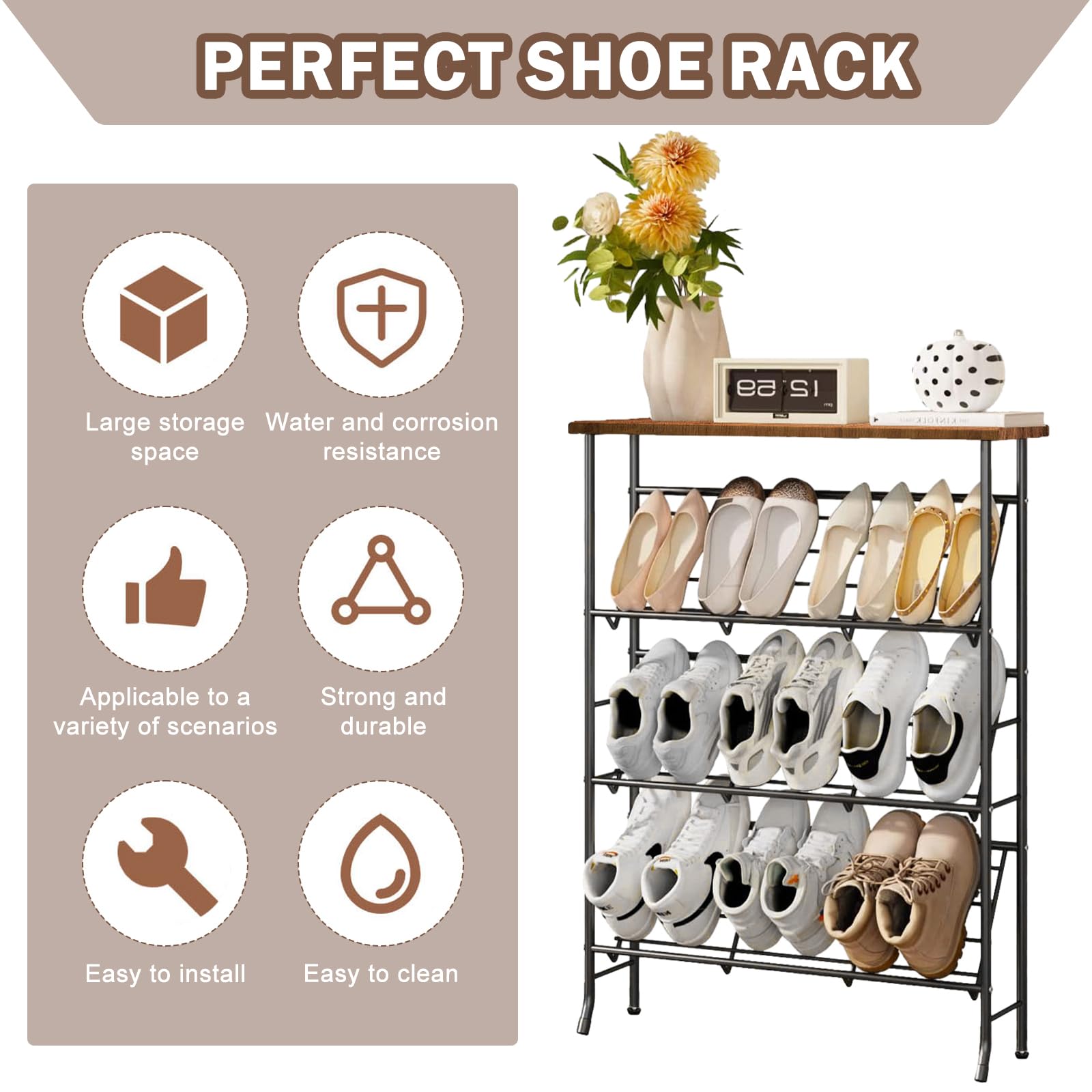 SHMSHNG Shoe Rack Slim Metal Shoe Rack with 4 Levels, Stackable Small Shoe Rack, Shoe Rack Organiser for 12-16 Pairs of Shoes