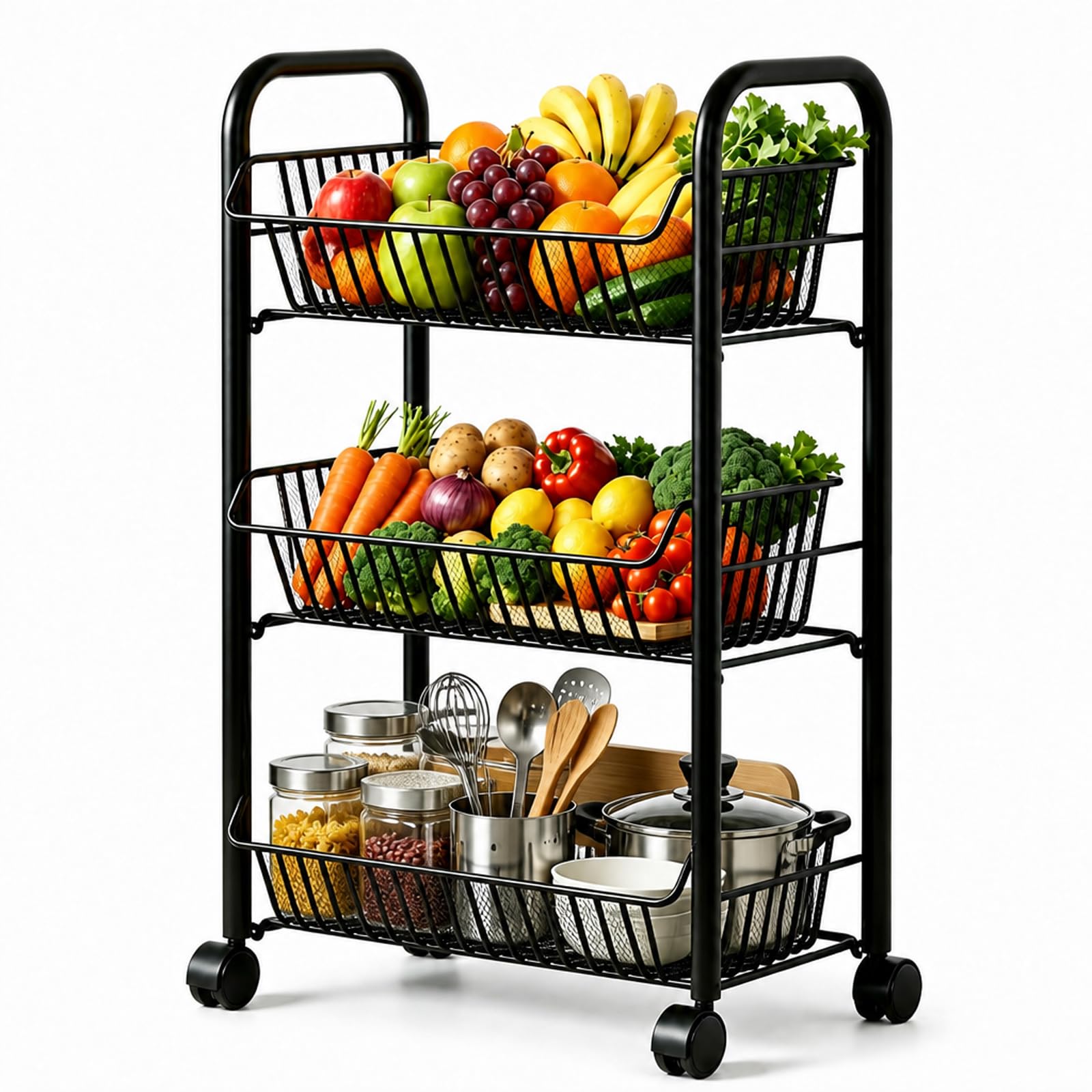 3-Tier Kitchen Trolley on Wheels, Vegetable Storage Rack, Storage Trolley