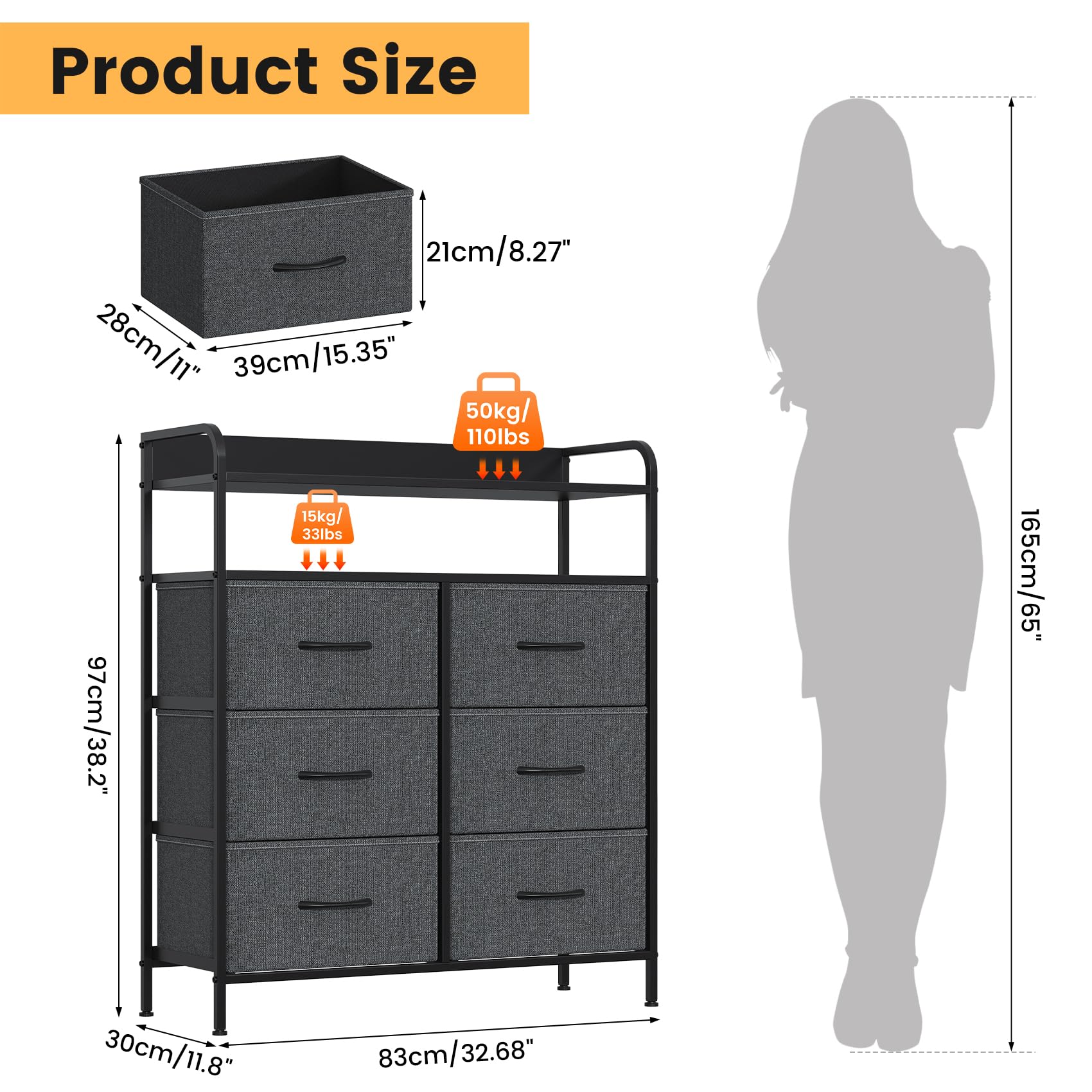 GoaHi Chest of Drawers, Dresser for Bedroom with 6 Fabric Drawers, Tall Storage Organizer Unit with 2 Layers Shelf for Bedrooms,Living Rooms