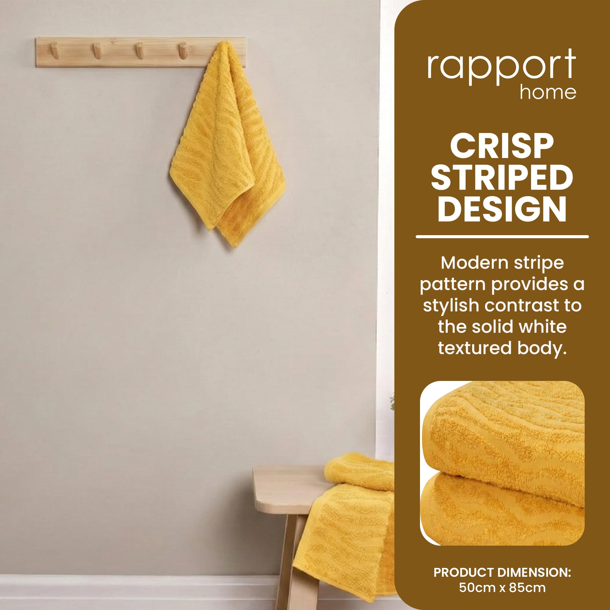 Rapport Home 2-Pack Safari Hand Towels | Mustard Yellow | 50x85cm 100% Cotton 500GSM | Absorbent & Soft Bathroom Towel Set | Oeko-Tex Certified
