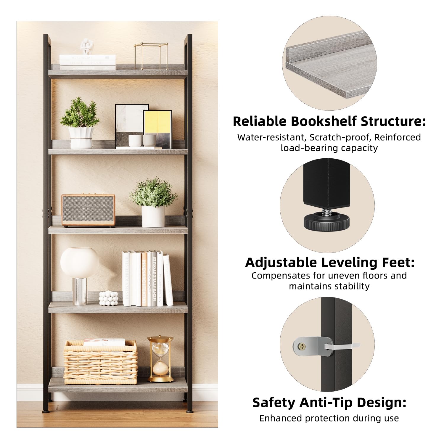 APPOLYN 5 Tier Bookshelf, Open-shelf Bookcase with Backboard, Grey