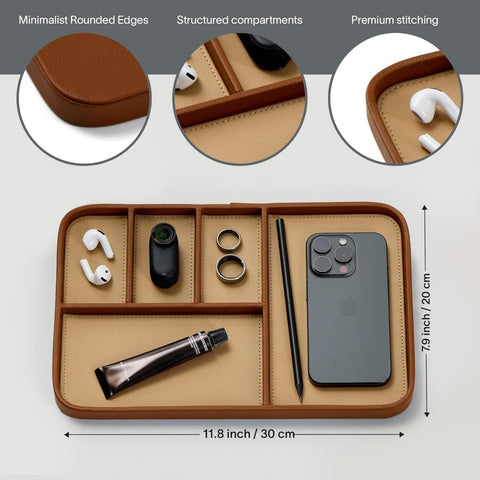 HapSmile PU Leather Valet Tray,30 x 20 cm Stylish Nightstand Organizer Bedside Desk tray for Watch, Keys, Phone, Wallet, Coin, Jewelry