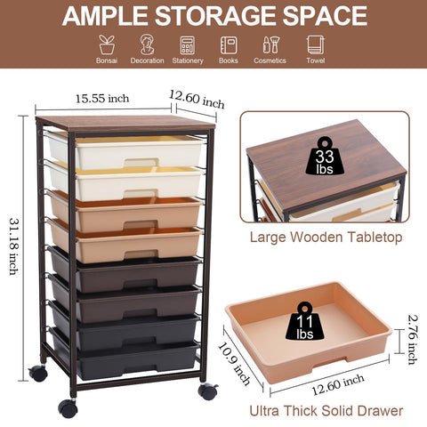SYKIARIOL 8-Drawer Storage Trolley Rolling Cart with Lockable Wheels, Brown