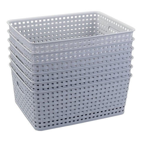 Cadineer Plastic Woven Storage Basket, Grey Organizer Basket Box Set of 6