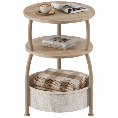 Yuede Side Table with Fabric Basket, Round End Table, 3 Tier Bedside Table, Coffee Table for Living Room, Bed Room, Modern, 40 x 61 cm, Ork Gray