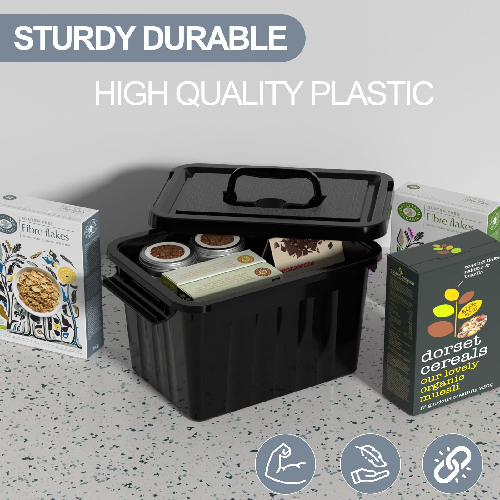 Xyskin 6L*6 Storage Boxes, Organizing Container with Handle and Secure Latching Buckles, Plastic Storage Box with Lid, Black