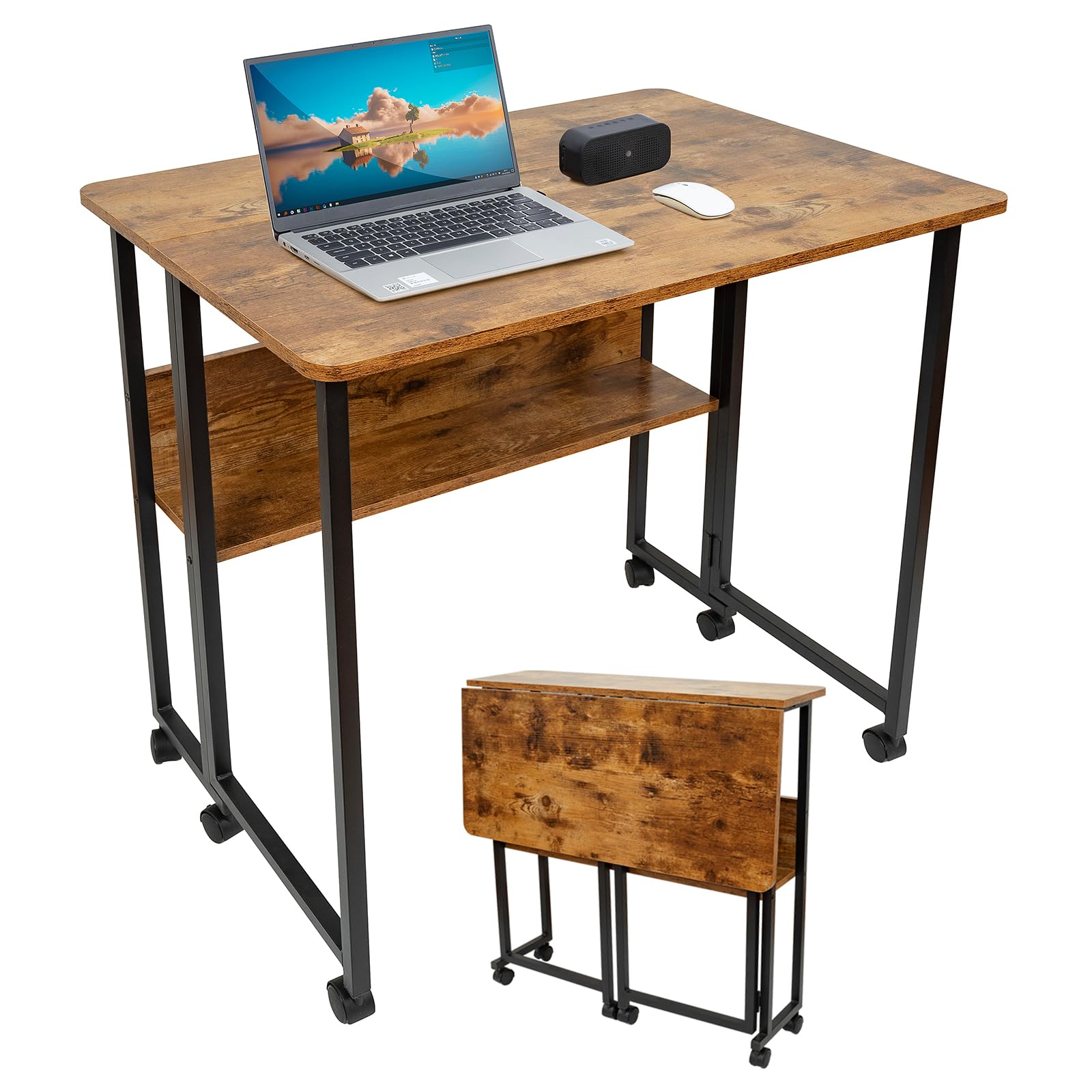 Fiutazge Folding Desk, Folding Desk with Wheels, Small Folding Computer Desk with Shelf, Side Table, Folding Table for Home Office, Industrial Design