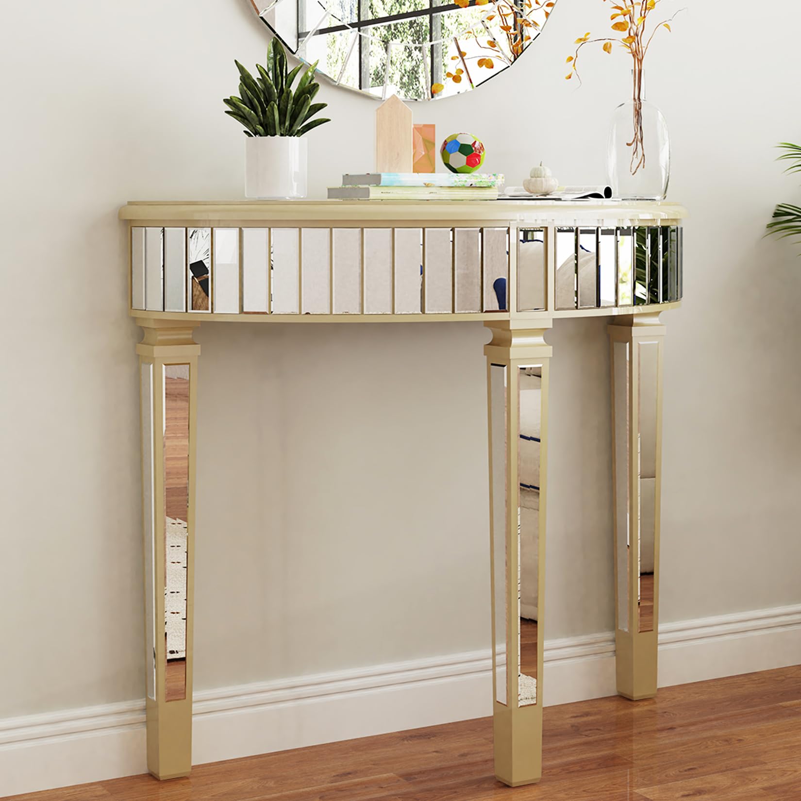 Artloge Half Moon Console Table Mirrored : Silver Hallway Table 90 x 35 x 80.5cm Aesthetic Elegant Glass Console Tables with Sturdy Square Column Leg