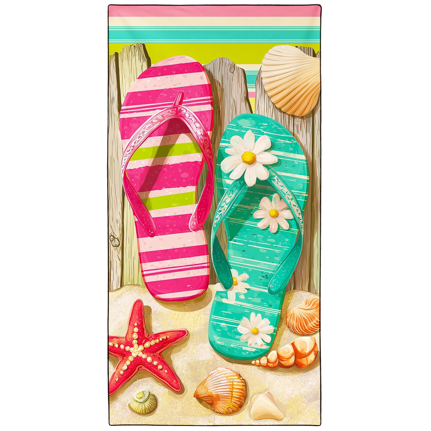 Violetpos Flip Flop & Starfish Beach Towel, Extra Large 180x90 cm 250GSM Microfibre, Sand Free Quick Dry