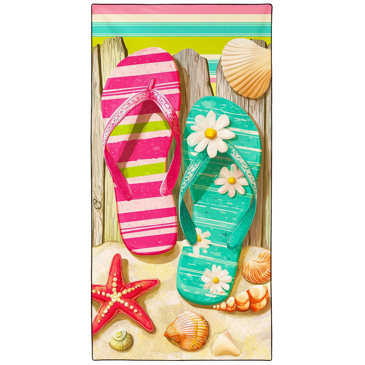 Violetpos Flip Flop & Starfish Beach Towel, Extra Large 180x90 cm 250GSM Microfibre, Sand Free Quick Dry