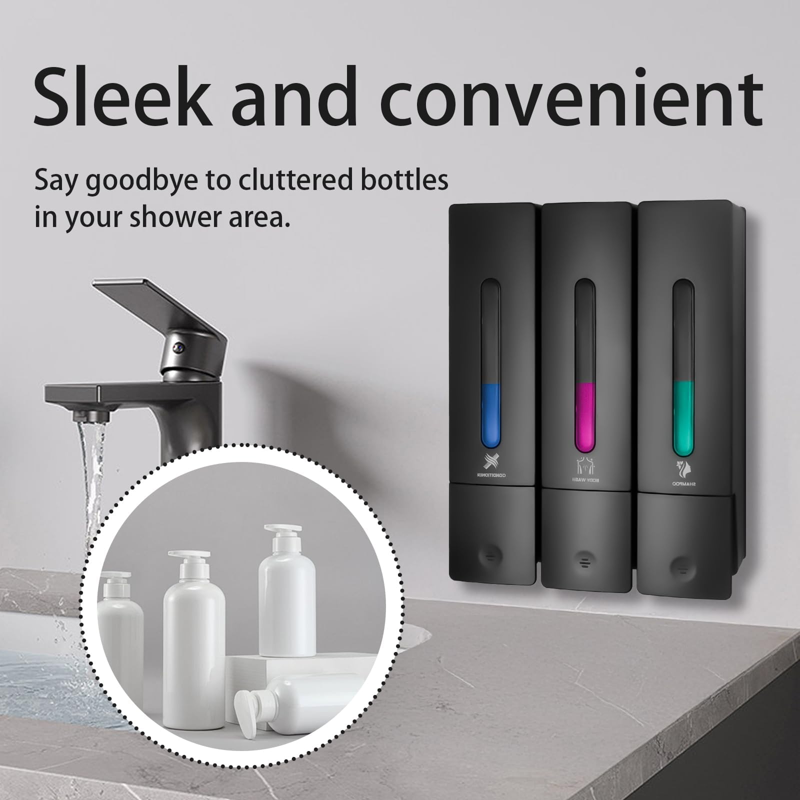3 Chamber Shampoo and Conditioner Dispenser for Shower, Black(400ML)