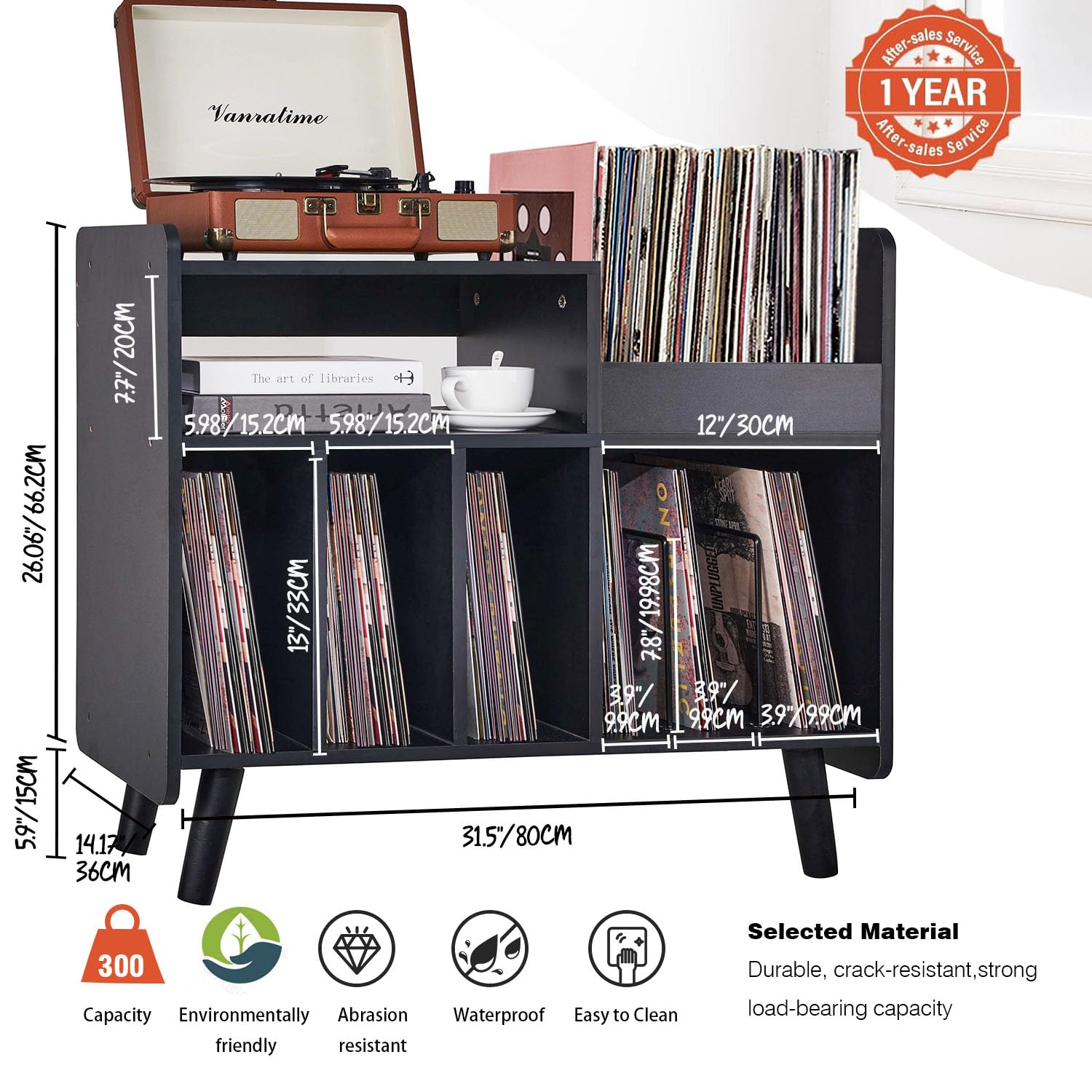 UODERS Record Player Stand, Large Record Player Table Cabinet with Open Vinyl Storage and Display Shelf Holds up to 350 Albums