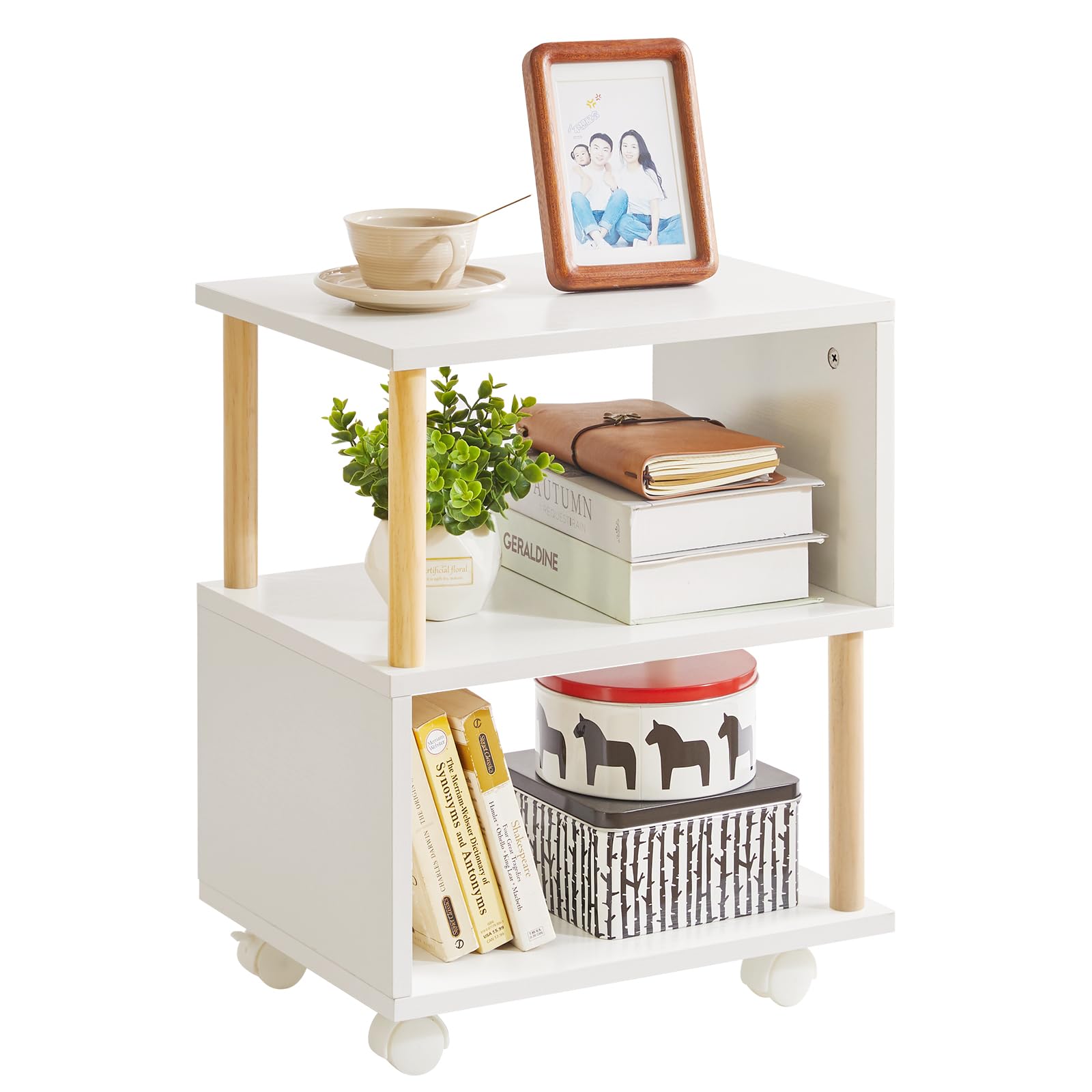 Aibiju 3 Tier Side table with wheels, Narrow End Table with Storage Shelf, Bedside Table Nightstand for Small Spaces, Bedroom, Living Room