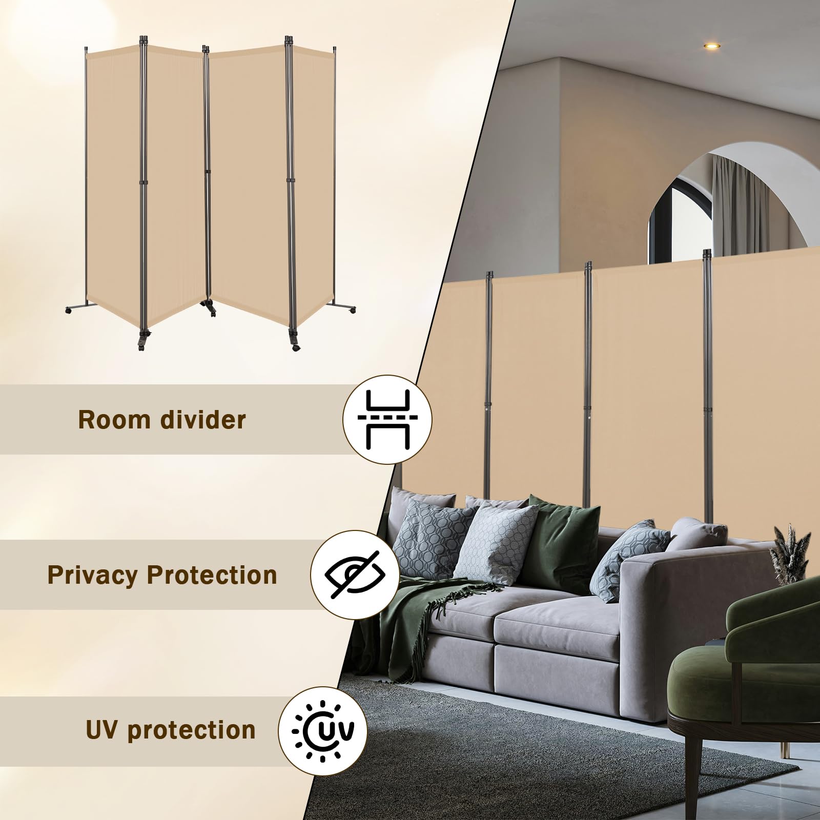 Angel Living 4 Panels Folding Room Divider, Privacy Screen Composed of Polyester Fabric and Sturdy Iron Frame