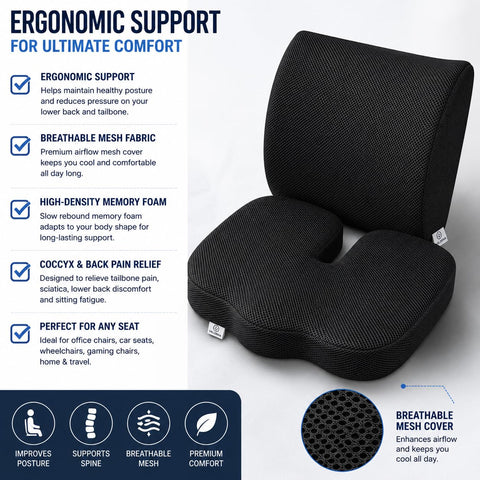 2-in-1 Memory Foam Seat Cushion & Lumbar Support Set | Office Chair Cushion for Back & Tailbone Relief