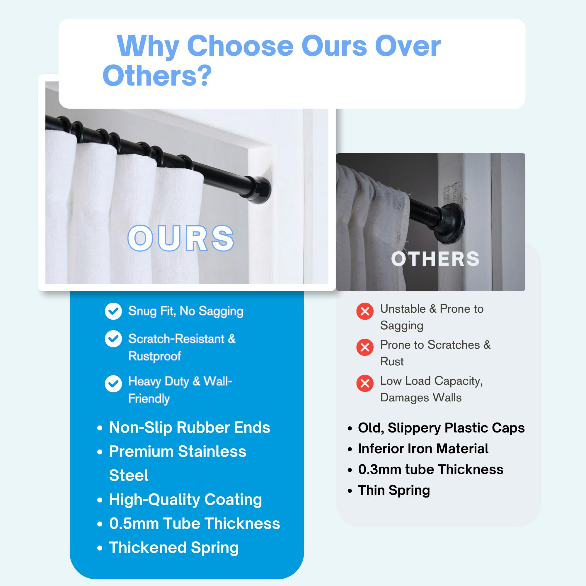 1Pc Tension Rod for Shower Curtain Rail No Drilling Curtain Pole Extendable Rod Easy Fitting for Bathroom Black, 190-360cm, Ø32mm