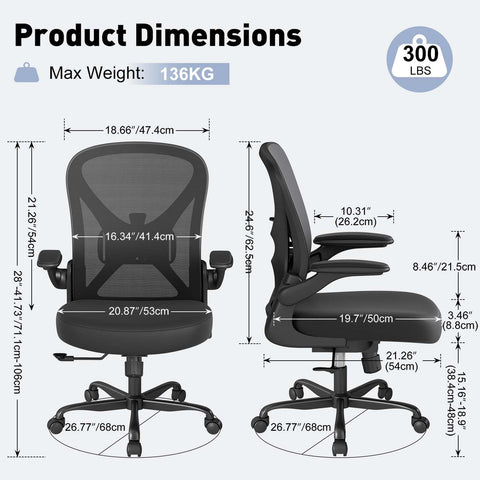 Keratee Ergonomic Mesh Office Chair with Adjustable Lumbar Support ＆ Flip-up Arms, Breathable Computer Home Desk Chair with 360 & Height Adjustment
