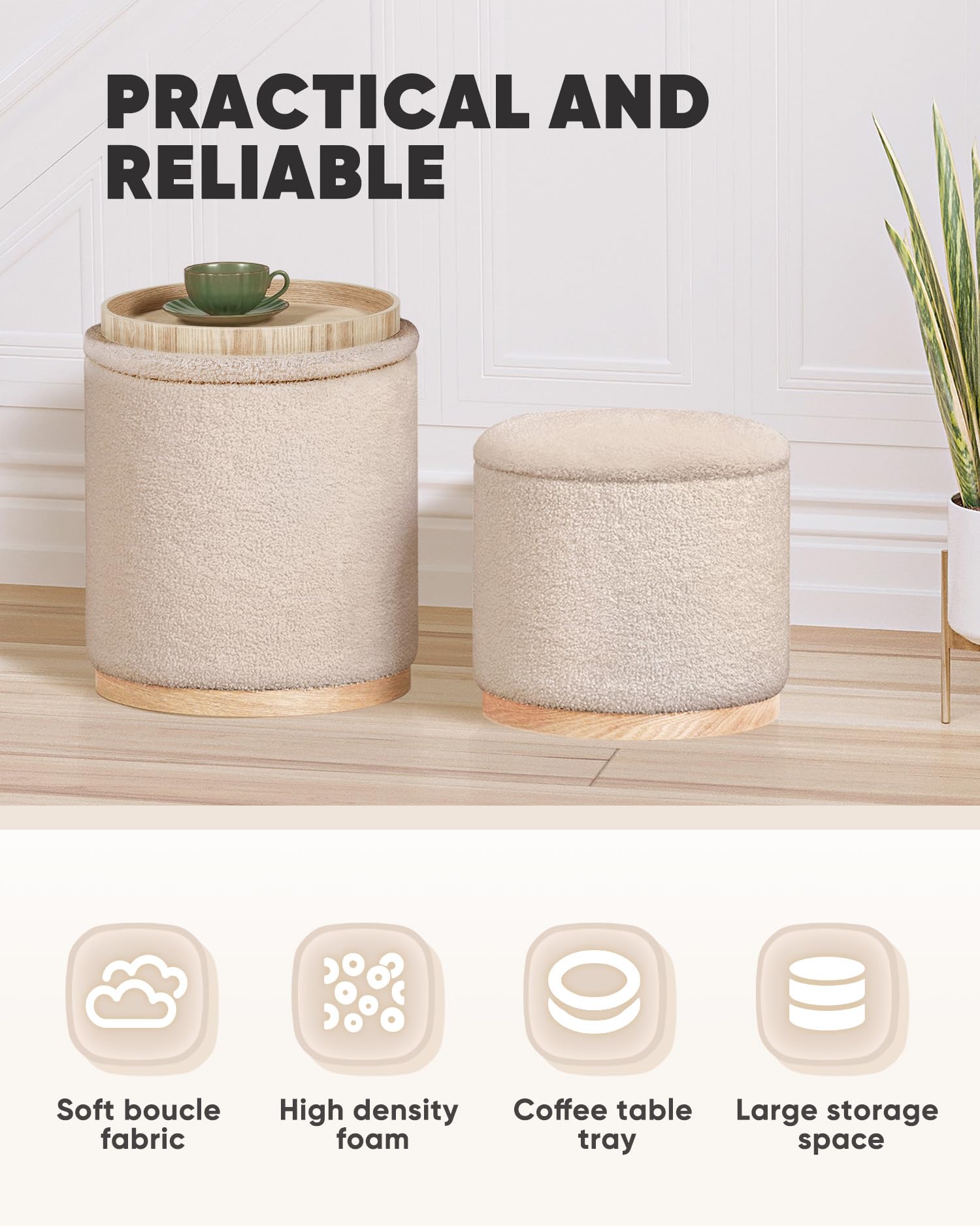 Bonlife Set of 2 Round Ottoman with Tray, Vanity Stool with Storage