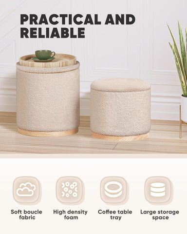 Bonlife Set of 2 Round Ottoman with Tray, Vanity Stool with Storage
