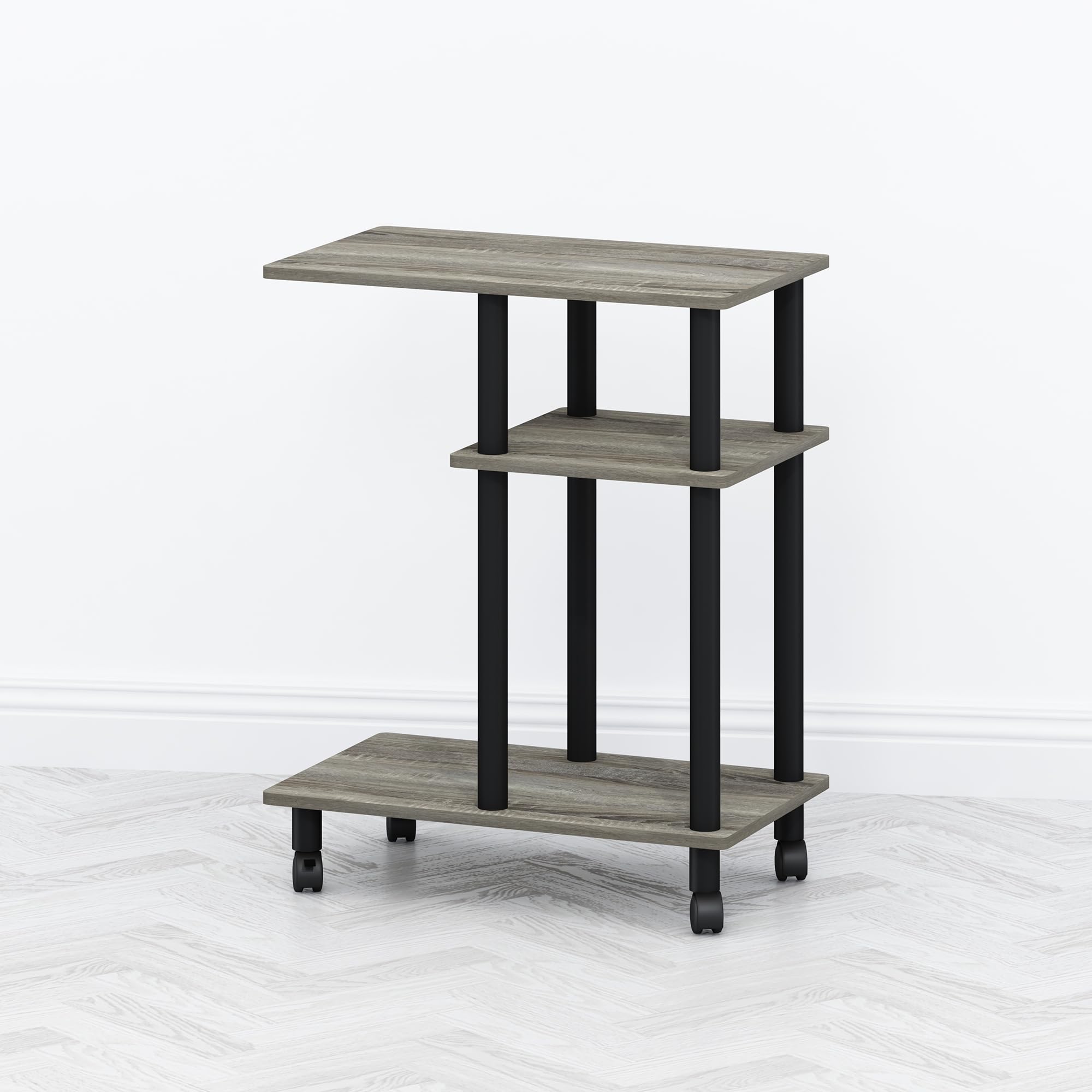 Furinno TOMI Side Table, 3-Tier C-Shape Open Shelf End Table with Wheels, Night Stand, Bedside Table, Toolless Assembly, for Living Room, Bedroom