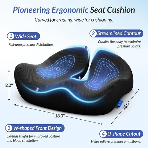 HoldOneLight Ergonomic High Density Memory Foam Seat Cushion, Pioneering Pressure Relief Design for Tailbone, Sciatica, Back & Hemorrhoid Pain
