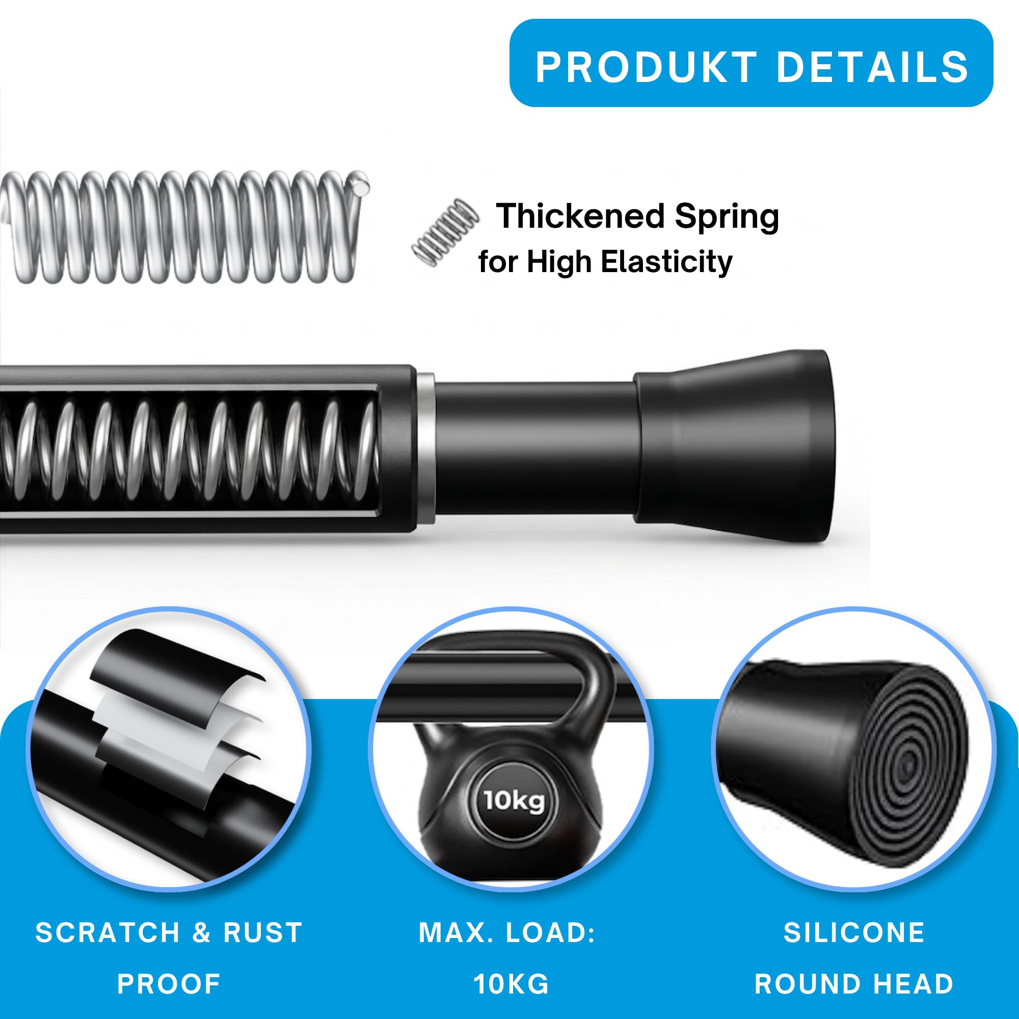 1Pc Tension Rod for Shower Curtain Rail No Drilling Curtain Pole Extendable Rod Easy Fitting for Bathroom Black, 190-360cm, Ø32mm