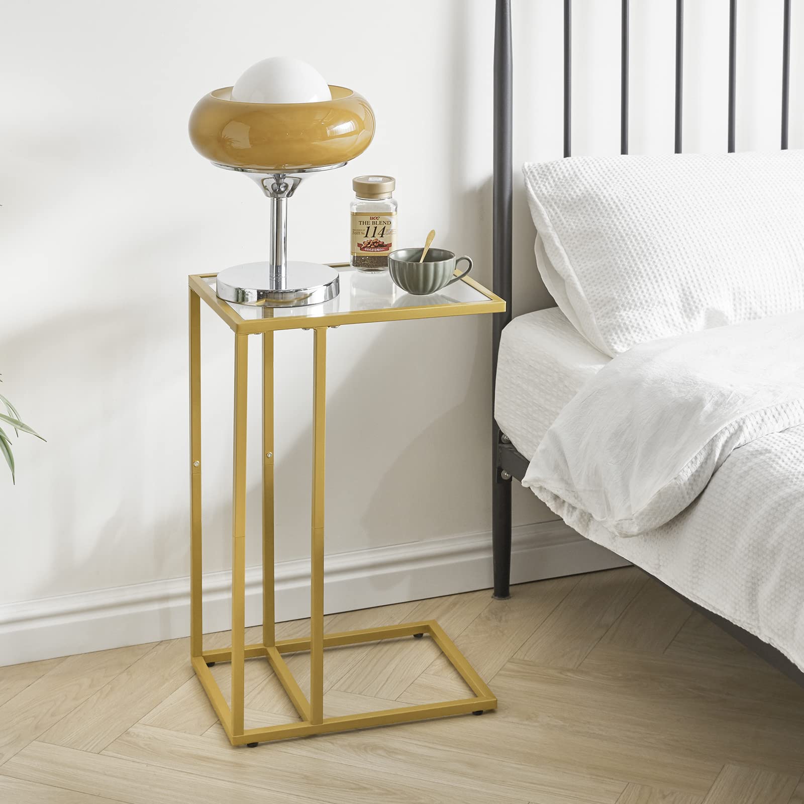 YMYNY C Shaped End Table, Tempered Glass Snack Side Table for Small Space with Metal Frame, Narrow Couch Table, for Living Room, Bedroom