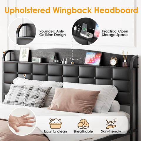 WOWTRELAX Double Bed Frame with Charging Headboard Storage Shelf 135x190cm