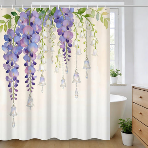 Kzzfqxb 180x180cm Floral Shower Curtains with Plastic Hooks, Purple Hanging Wisteria Flowers and White Lily Bells Waterproof Polyester Fabric for