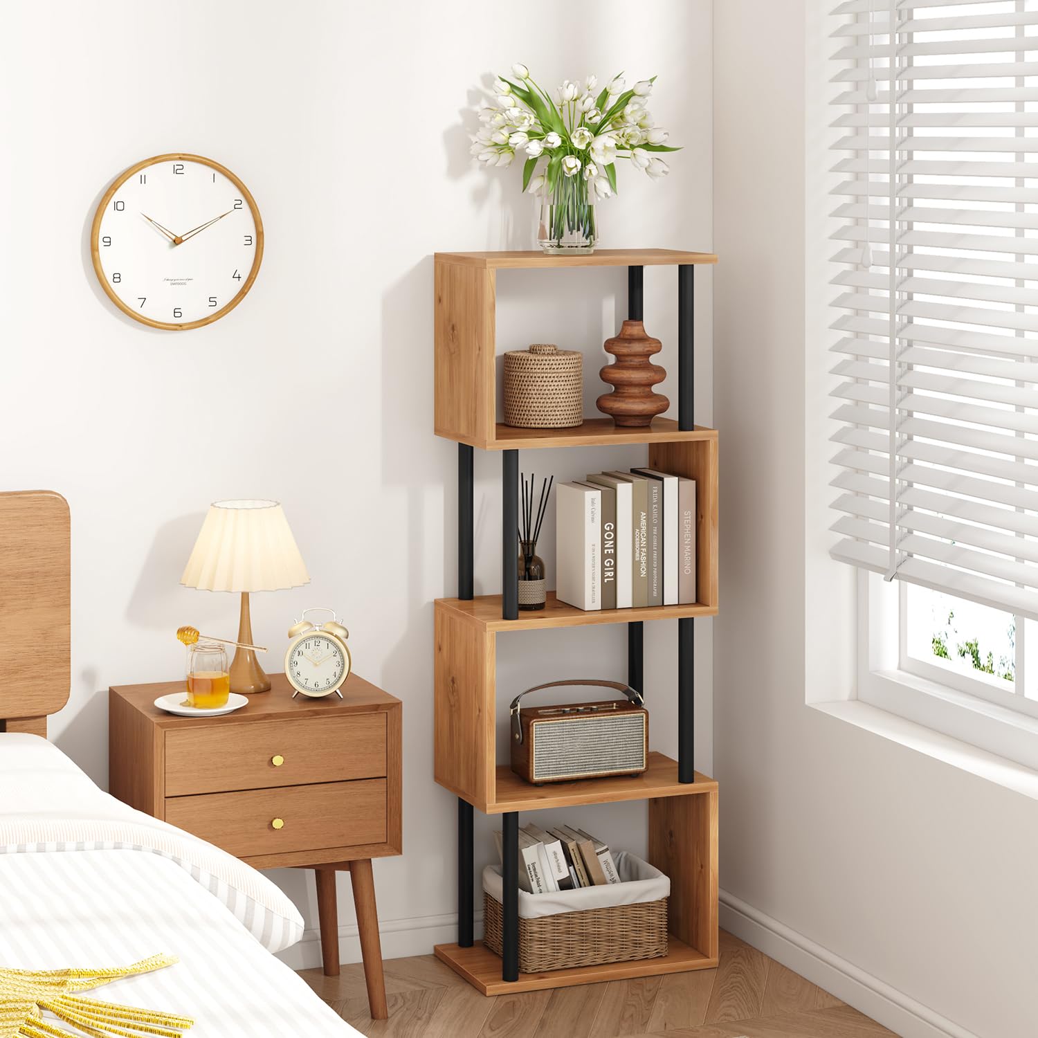 IBUYKE 5-Tier Tall Bookshelf,S-Shaped Geometric Bookcase,Oak WBC015K