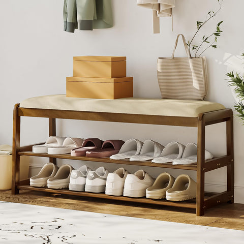 Welfuturer 2-Tier Bamboo Shoe Bench with Cushion & Hidden Drawer Entryway Shoe Rack Organiser for Hallway