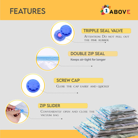 1ABOVE Pack of 6 Vacuum Compressed Storage Bags, Mould Moisture and Bug Proof, Double Zip High Sealing Triple Air Leak Patent Valve for Maximum