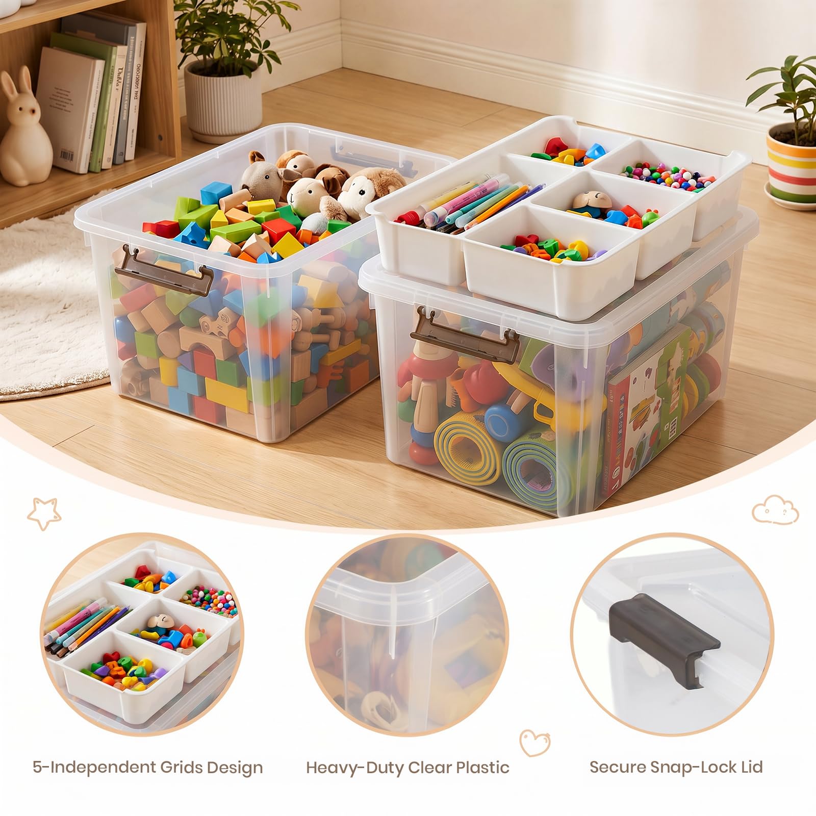 Stidyzo Craft Storage 5 Compartment Removable Tray with Gray Handle, Clear Storage Box with Lid, Stackable Craft Box for Art Supplies, Beads