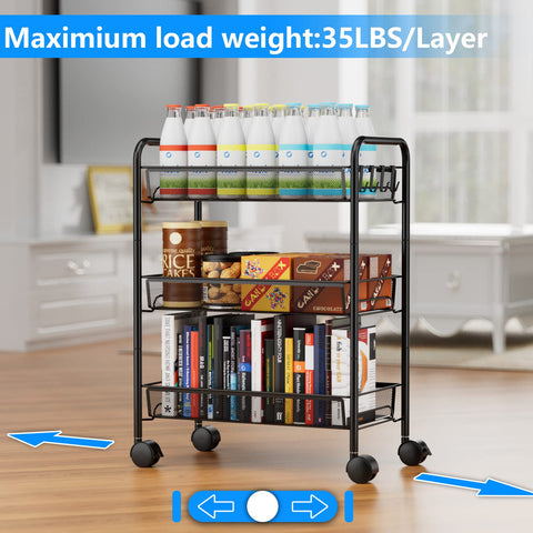 OVICAR Kitchen Trolley:Rolling Utility Cart Basket Stand for Kitchen & Bathroom, Full Metal Storage Art Trolley Carts with Wheels & 4 Side Hooks