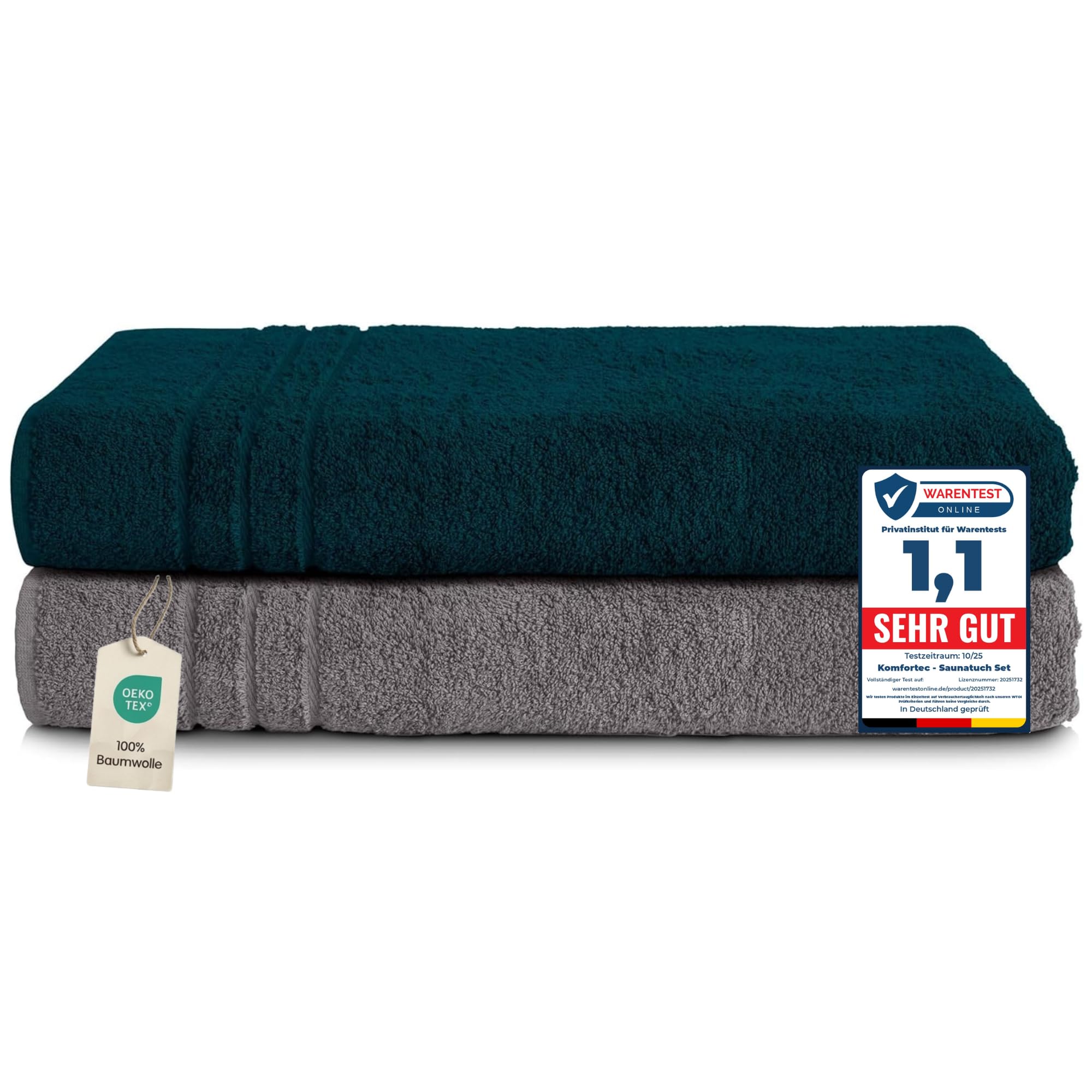 Komfortec Jumbo Bath Towels, 100% Cotton, Quick Dry, 80x200, Grey & Teal