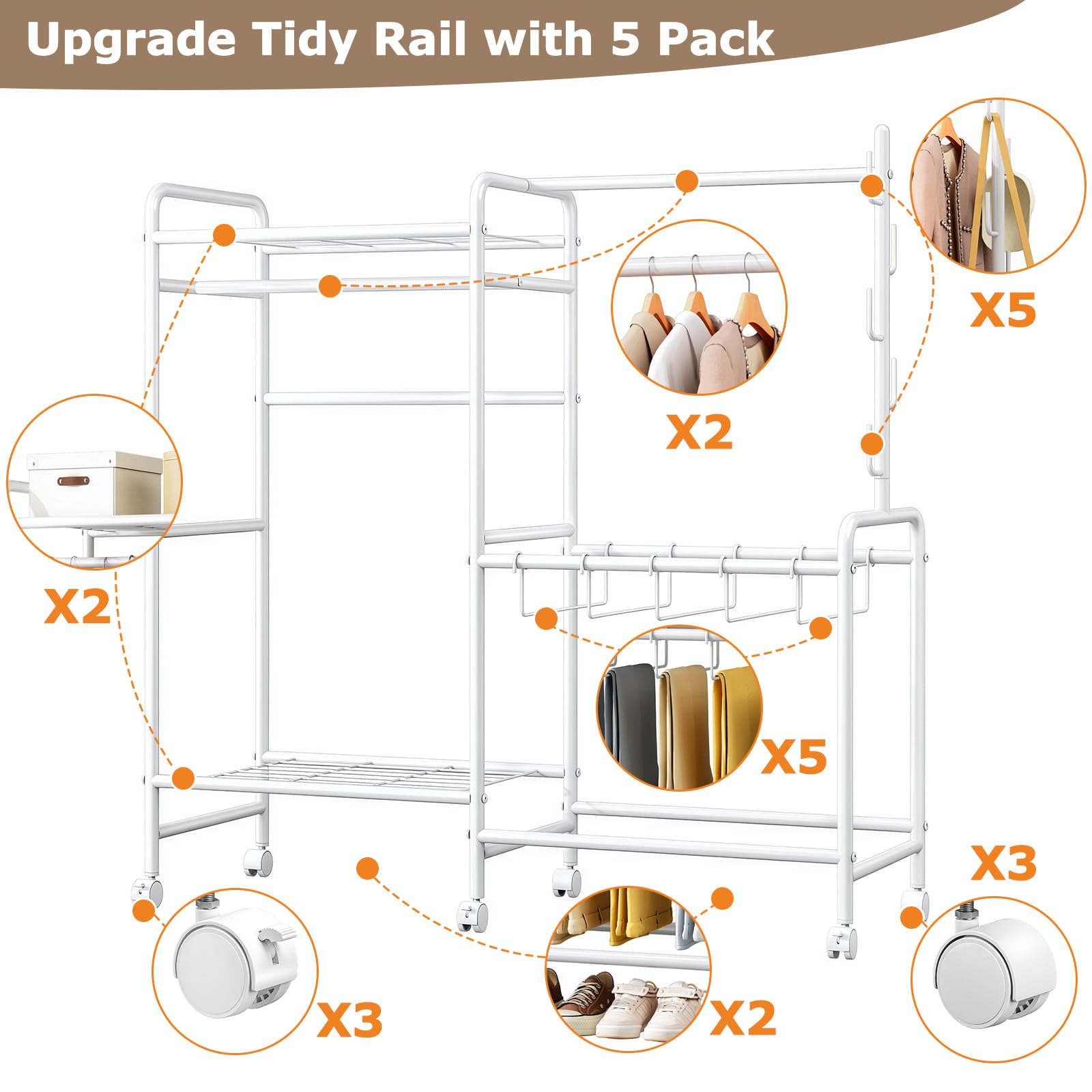 Casavibe Heavy Duty Clothes Rail with Wheels, 125KG Metal Clothing Rack with Trouser Rack, Top Shelf, 4 Hooks & 5 Trouser Hangers