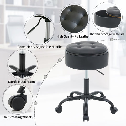 FIRAVOE Drafting Chair with Storage, Adjustable Leather Drafting Stool 52.5–62.5 cm, Black Rolling Office Stool