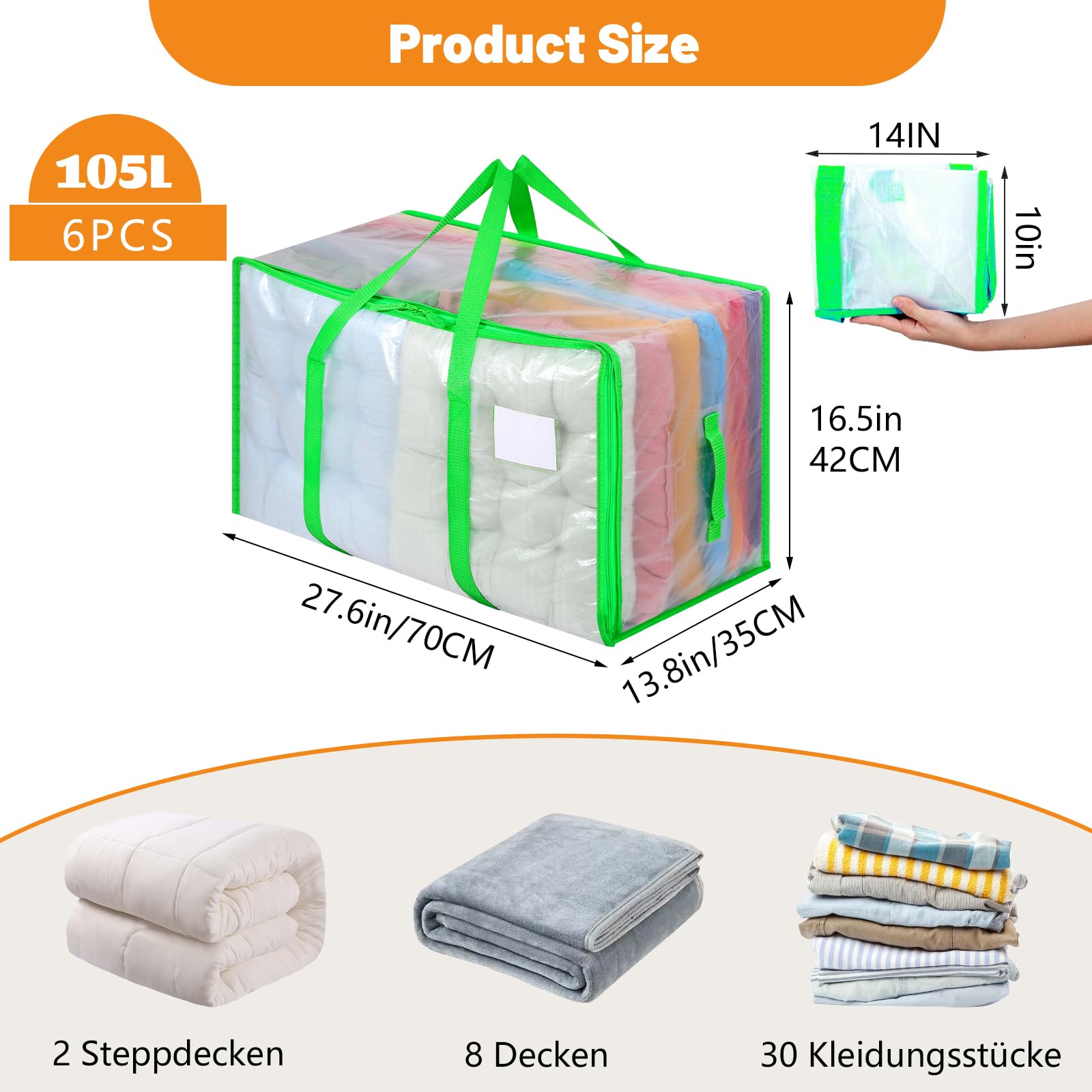Dntorx 6 Pack 105L Moving Bags Clothes Storage Bags Drom Packing Box, Green