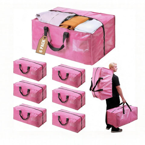 SANNAX 6 Pack 83L Pink Moving Bags, Foldable Storage Bags with Double Zips