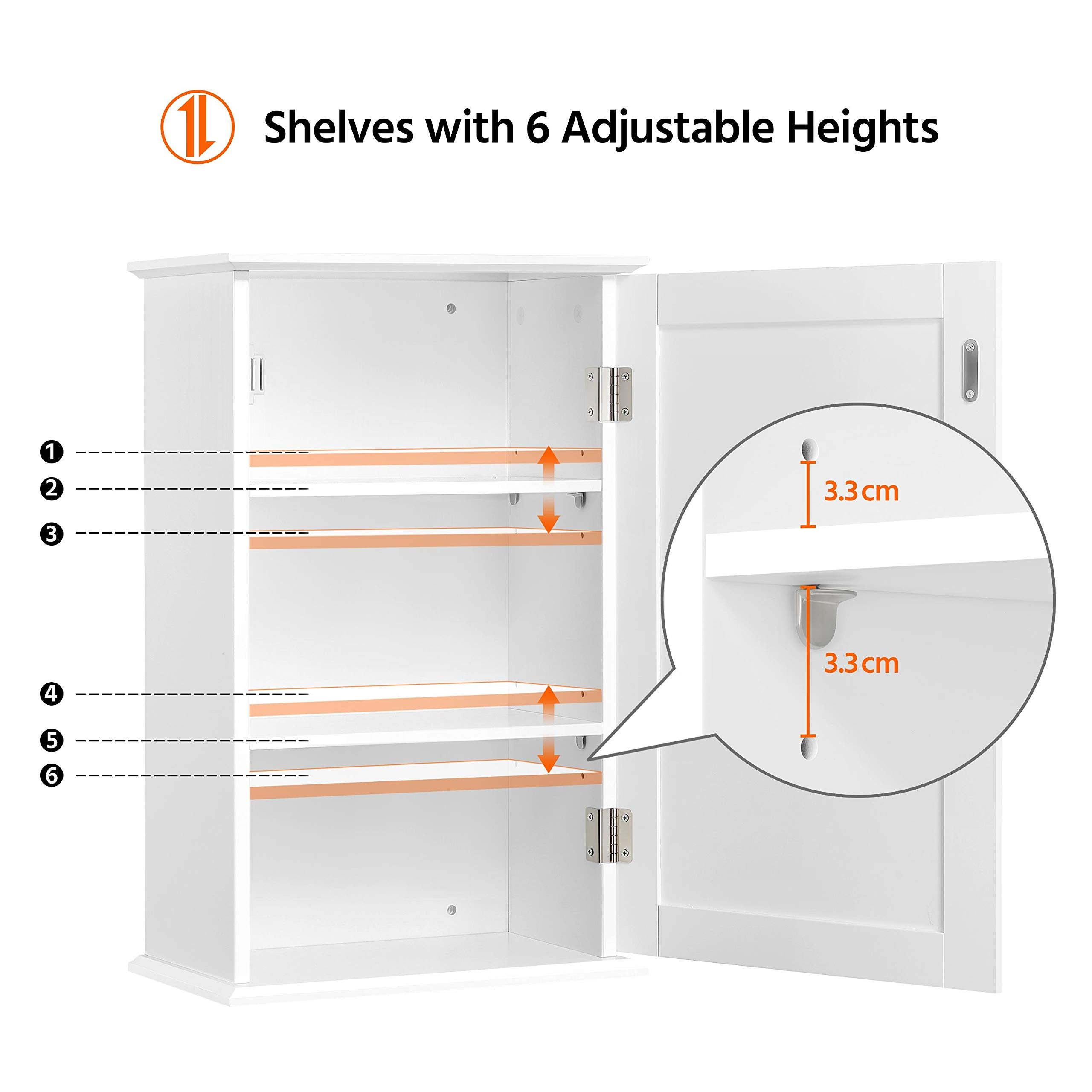 Yaheetech Bathroom Wall Cabinet 3-Height Adjustable Shelf, 1 Door, White
