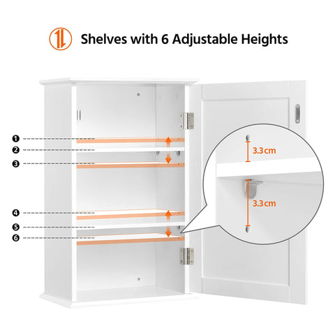 Yaheetech Bathroom Wall Cabinet 3-Height Adjustable Shelf, 1 Door, White