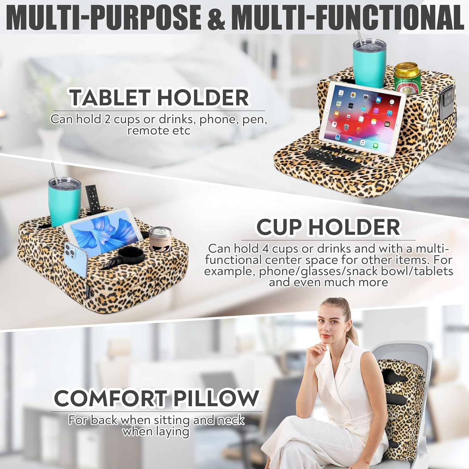 TabCouchCaddy - Couch Cup Holder Tray Pillow - Bed, Couch Caddy, Sofa, RV & Car - Holds Drinks, Snacks, Remotes, Phones, Kindle, Tablet