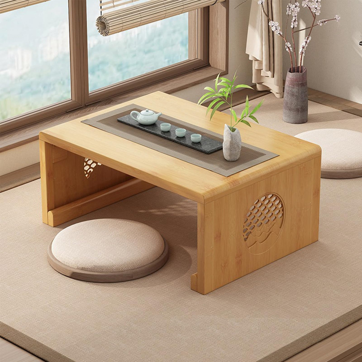 JIANCNGU Bamboo Chinese Tea Floor Table Japanese Foldable Coffee Table Altar Table For Meditation Low Portable Collapsable Tatami Table for Living